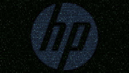 HP Inc. logo made of hexadecimal symbols on computer screen. Editorial 3D rendering
