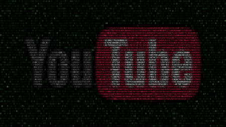 YouTube logo made of hexadecimal symbols on computer screen. Editorial 3D rendering