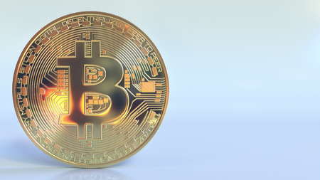 Realistic shiny bitcoin token and blank space for text or infographics. 3D rendering