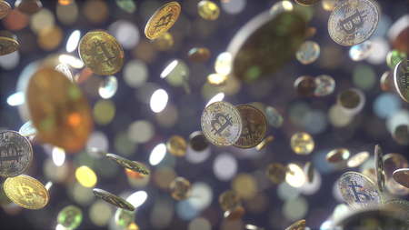 Falling bitcoin tokens, 3D renderingの写真素材
