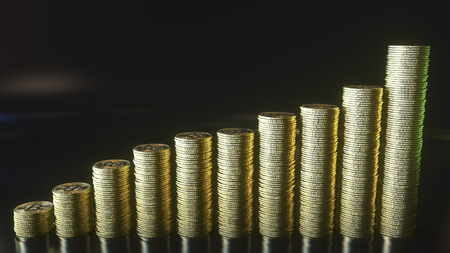 Animated growing bar chart made of bitcoin tokens. Cryptocurrency growth concept. 3D renderingの写真素材