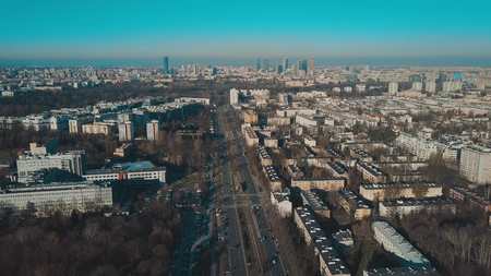 Aerial view of Warsaw skyline on a sunny winter dayの写真素材