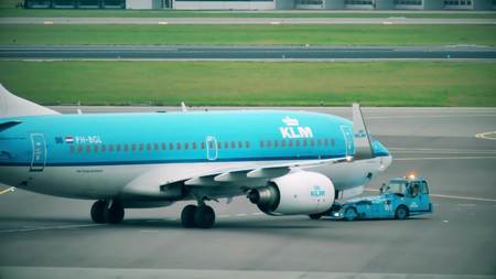 AMSTERDAM, NETHERLANDS - DECEMBER 25, 2017. KLM Boeing 737 commercial airplane being towed at the Schiphol international airportのeditorial素材