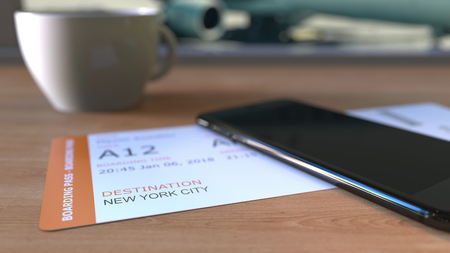 Boarding pass to New York City and smartphone on the table in airport while travelling to the United States. 3D renderingの写真素材