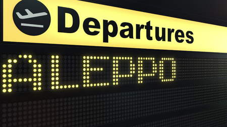 Flight to Aleppo on international airport departures board. Travelling to Syria conceptual 3D renderingの写真素材