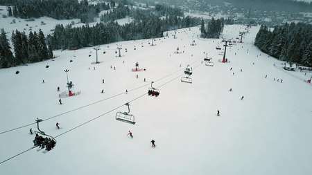 Aerial view of a mountain ski slope in southern Polandの写真素材