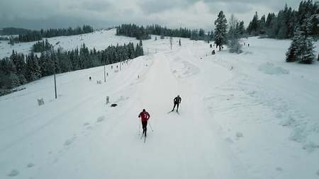BIALKA TATRZANSKA, POLAND - FEBRUARY 3, 2018. Aerial view of skiers in the mountainsのeditorial素材