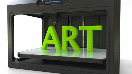 Modern 3D printer in action. Printing green ART caption, 3D rendering