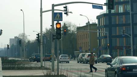 WARSAW, POLAND - MARCH 5, 2018. City street traffic lights at road intersectionのeditorial素材