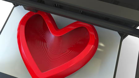 Printing plastic red heart shape with a volumetric printer, 3D rendering