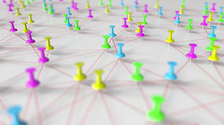 Multicolor pins and thread network model on a pinboard, close-up 3D rendering