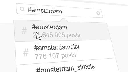 Amsterdam hashtag search through social media posts. 3D rendering