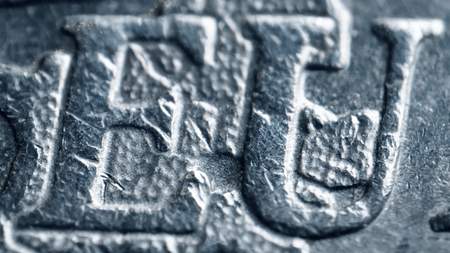Minted EU letters on Euro coin. Super macro shotの写真素材
