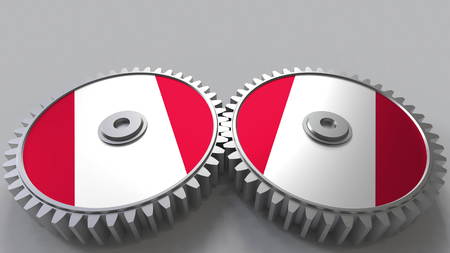 Peruvian national project. Flags of Peru on moving cogwheels. Conceptual 3D renderingの写真素材