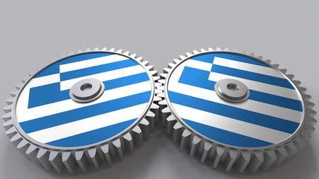 Greek national project. Flags of Greece on moving cogwheels. Conceptual 3D renderingの写真素材