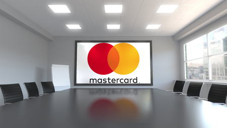 MasterCard logo on the screen in a meeting room. Editorial 3D renderingのeditorial素材