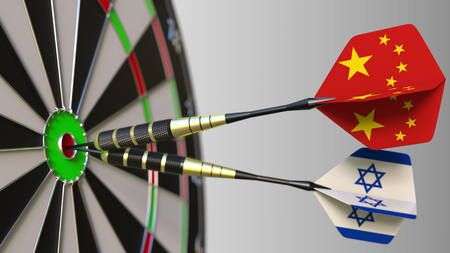 Flags of China and Israel on darts hitting bullseye of the target. International cooperation or competition conceptual 3D renderingの写真素材