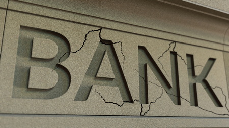 Cracking bank facade. Banking crisis conceptual 3D renderingの写真素材