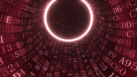 Red tunnel made of hexadecimal symbols. IT related 3D rendering