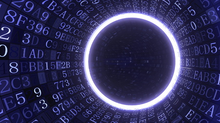 Blue tunnel made of hexadecimal symbols. IT related 3D rendering