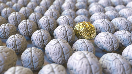 Brain made of gold among the usual ones. Genius, mastermind, talent or education conceptual 3D renderingの写真素材