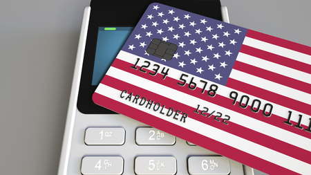 Payment or POS terminal with credit card featuring flag of the United States. American retail...