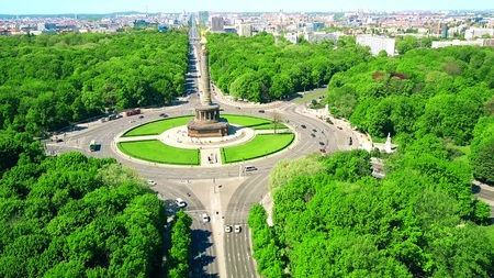 Aerial view of famous Berlin Victory Column and distant cityscape, Germanyの写真素材