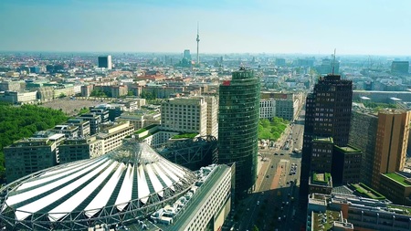 BERLIN, GERMANY - APRIL 30, 2018. Aerial view of cityscape from Potsdamer platz involving Sony Center and famous TV towerのeditorial素材