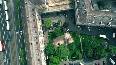 DRESDEN, GERMANY - MAY 2, 2018. Aerial top down view of apartment house courtyard and the streetのeditorial素材