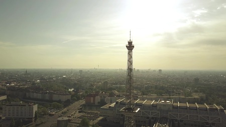 BERLIN, GERMANY - APRIL 30, 2018. Aerial view of radio tower and cityscape in the morning