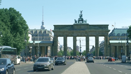 BERLIN, GERMANY - APRIL 30, 2018. The Brandenburg Gate and the TV Tower are among of the most visiting landmarks of the cityのeditorial素材