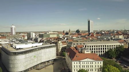 LEIPZIG, GERMANY - MAY 1, 2018. Aerial shot of Hofe Am Bruhl shopping mall and the cityscapeのeditorial素材