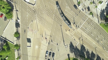 Aerial top down view of major city streets intersection in Leipzig