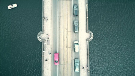 Aerial top down view of an old bridge in Pragueの写真素材