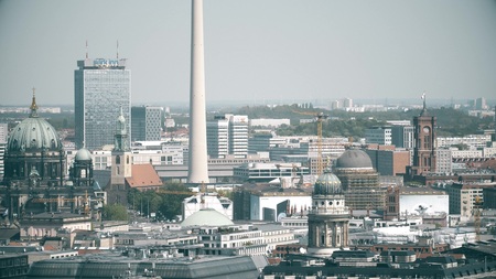 BERLIN, GERMANY - APRIL 30, 2018. Cityscape involving TV tower telephoto shot
