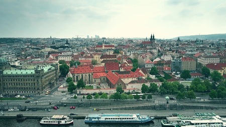 PRAGUE, CZECH REPUBLIC - MAY 3, 2018. Aerial view of the city and the Vltava river embankmentのeditorial素材