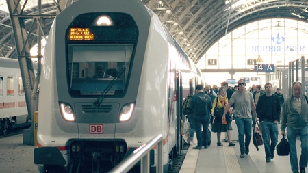 LEIPZIG, GERMANY - MAY 1, 2018. Train arrival at Hauptbahnhof or Central railway station