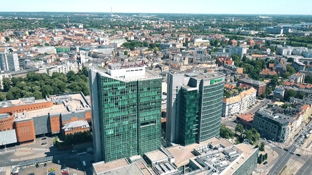 POZNAN, POLAND - MAY 20, 2018. Aerial view of Andersia Tower and Poznan Financial Centre