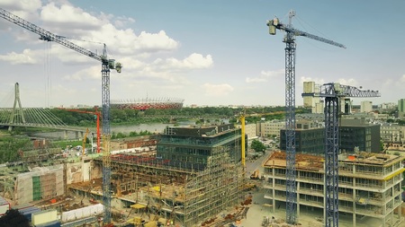WARSAW, POLAND - JUNE 4, 2018. Aerial view of urban construction siteのeditorial素材