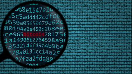 Magnifying glass discovers word bitcoin on computer screen. Cryptocurrency related search conceptual 3D renderingの写真素材