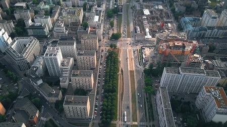 WARSAW, POLAND - JUNE 27, 2018. Aerial view of city streets and urban construction siteのeditorial素材