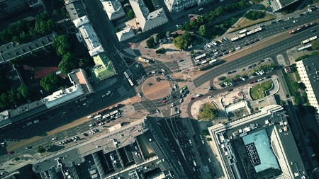 Aerial top down view of city roundabout trafficの写真素材