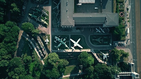 WARSAW, POLAND - JULY 5, 2018. Aerial view of military exhibition at Muzeum Wojska Polskiego or Museum of the Polish Armyのeditorial素材