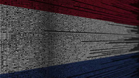 Program code and flag of Netherlands. Dutch digital technology or programming related 3D renderingの写真素材