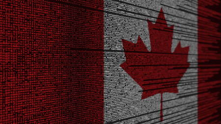 Program code and flag of Canada. Canadian digital technology or programming related 3D rendering