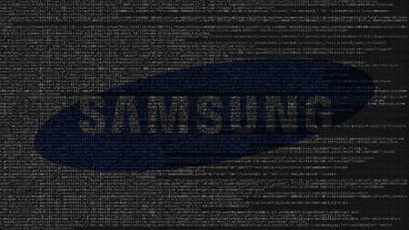 Samsung logo made of source code on computer screen. Editorial 3D rendering