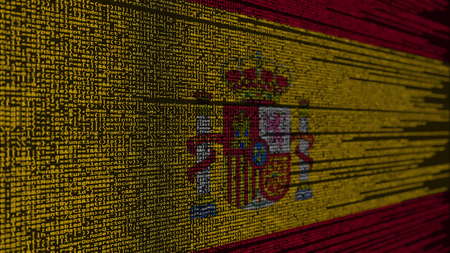 Program code and flag of Spain. Spanish digital technology or programming related 3D renderingの写真素材