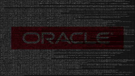Oracle Corporation logo made of source code on computer screen. Editorial 3D rendering