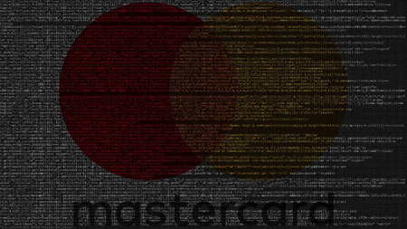 MasterCard logo made of source code on computer screen. Editorial 3D rendering