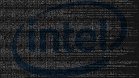 Intel Corporation logo made of source code on computer screen. Editorial 3D renderingのeditorial素材